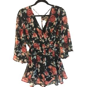 Band of gypsies Boho floral deep V short romper.